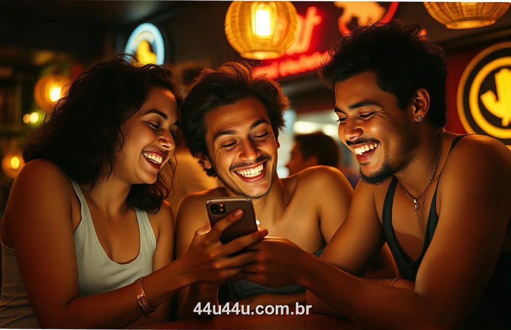 Amigos brasileiros usando o 44U juntos num bar à noite