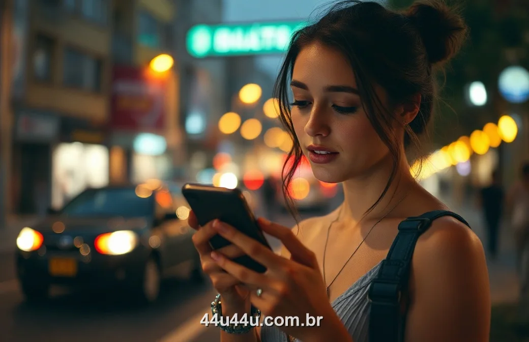 Jogadora acessando o cassino do 44U pelo celular à noite na cidade