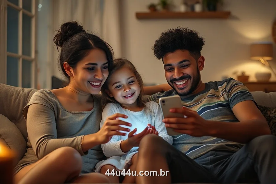 Família brasileira jogando os slots do 44U em casa