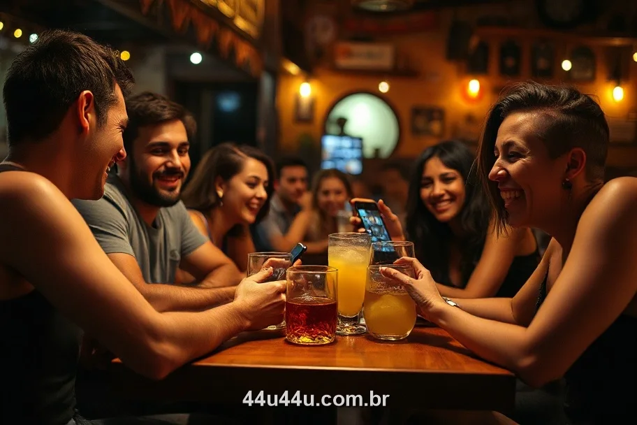 Amigos brasileiros jogando juntos no 44U numa mesa de bar