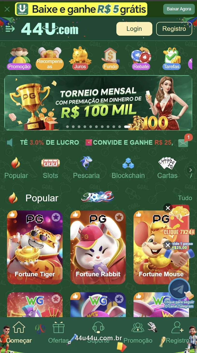 Tela inicial do app oficial 44U com o torneio e os slots da PG