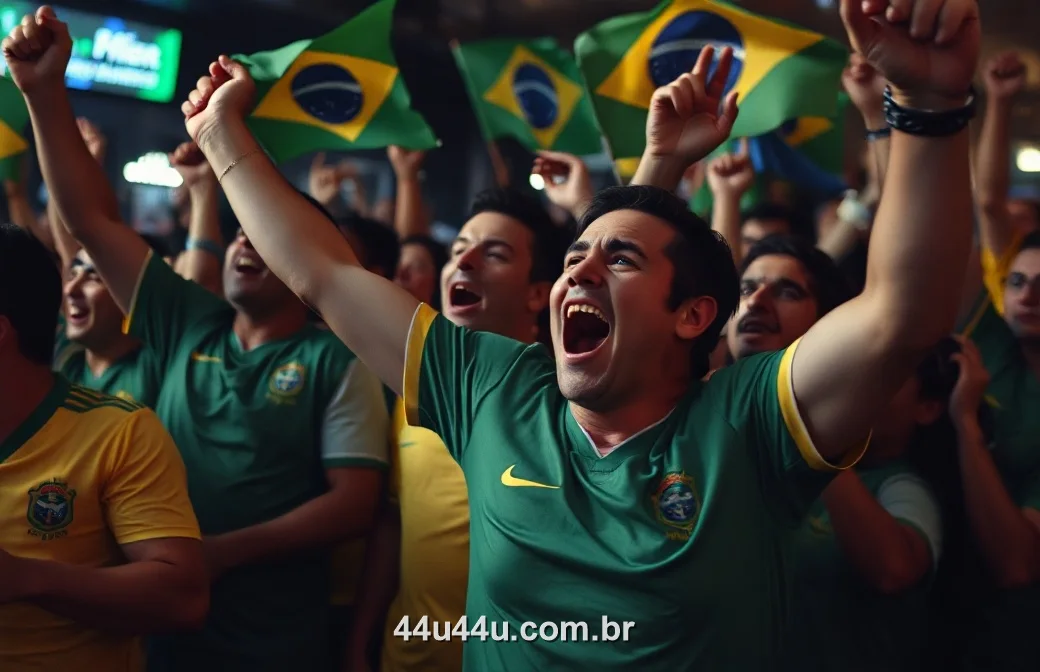 Torcedores brasileiros de verde e amarelo comemorando um gol