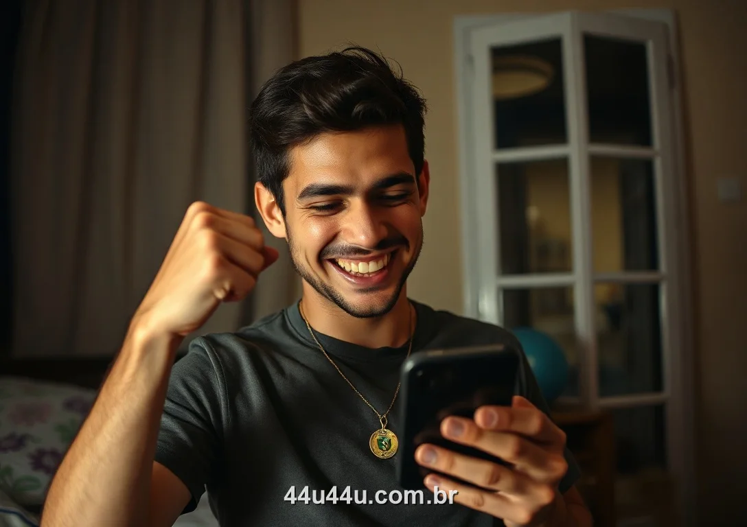 Jogador brasileiro comemorando um prêmio com o celular no 44U
